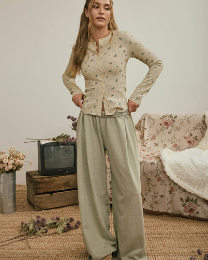 FLORAL SNAP FRONT LONG SLEEVE WAFFLE KNIT TOP
