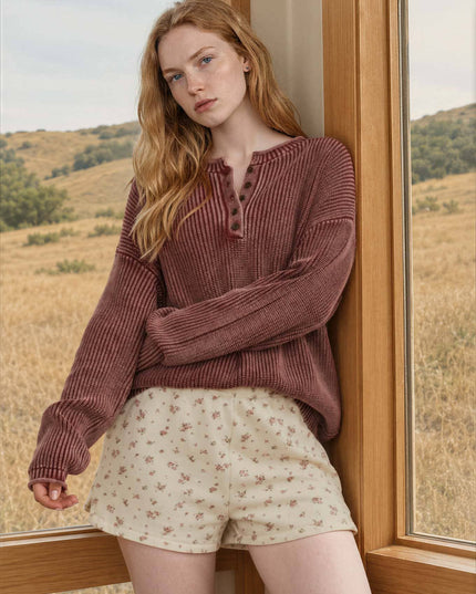 WASHED RIBBED HENLEY DROP SHOULDER KNIT SWEATER