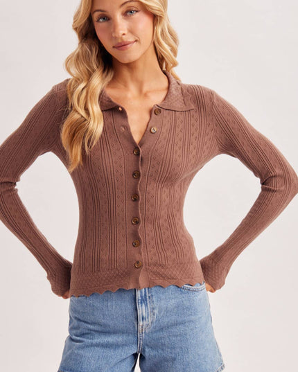 BUTTON DOWN SCALLOPED HEM KNIT SWEATER TOP