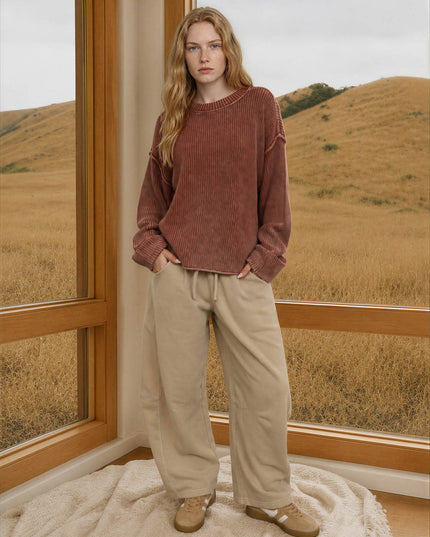 WASHED RIBBED LONG SLEEVE FOLDED CUFF KNIT SWEATER