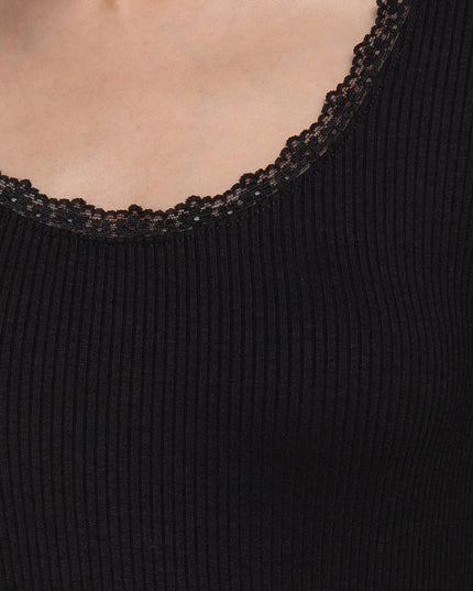 Long Sleeve Scoop Neck with Lace Trim Rib Knit Top