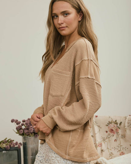 SPLIT NECK RAW EDGE LONG SLEEVE RIBBED KNIT TOP