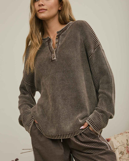 WASHED RIBBED HENLEY DROP SHOULDER KNIT SWEATER