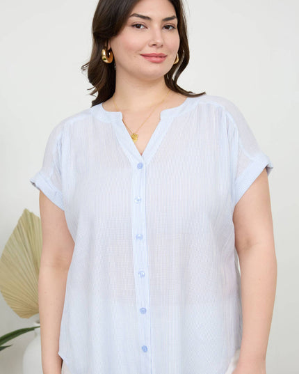 PLUS PINSTRIPE SHORT CUFF SLEEVE BUTTON DOWN SHIRT