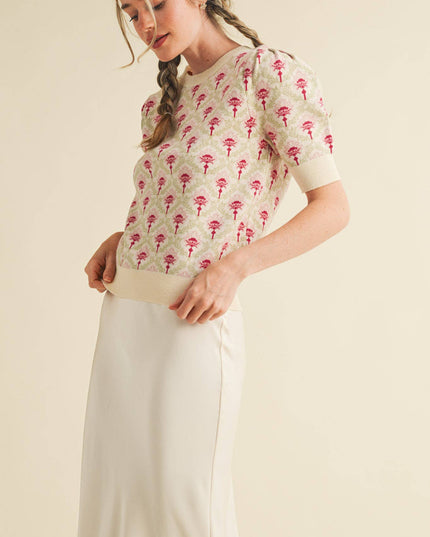 FLORAL PATTERN SHORT SLEEVE SWEATER MSW10860