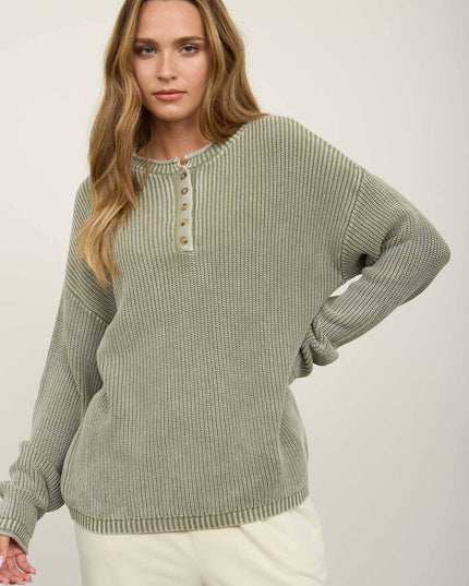 WASHED RIBBED HENLEY DROP SHOULDER KNIT SWEATER