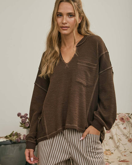 SPLIT NECK RAW EDGE LONG SLEEVE RIBBED KNIT TOP