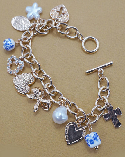 CERAMIC PORCELAIN HEART BOW PEARL CHARM BRACELET | 80B1342