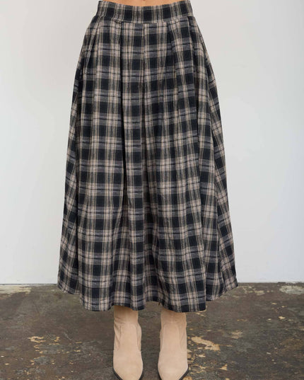 PLAID PLEATED SIDE SLIT MIDI SKIRT
