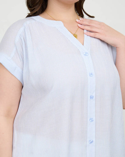 PLUS PINSTRIPE SHORT CUFF SLEEVE BUTTON DOWN SHIRT