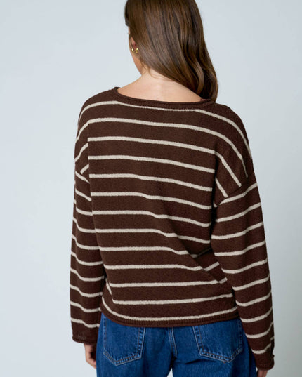 STRIPE TEXTURED RAW EDGE LONG SLEEVE KNIT SWEATER