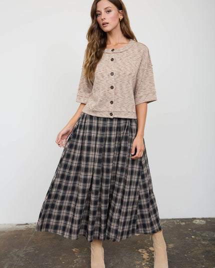 PLAID PLEATED SIDE SLIT MIDI SKIRT