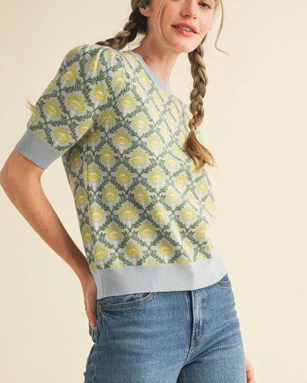 FLORAL PATTERN SHORT SLEEVE SWEATER MSW10860