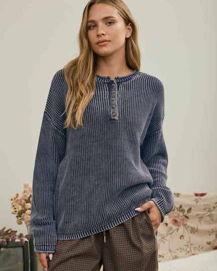 WASHED RIBBED HENLEY DROP SHOULDER KNIT SWEATER