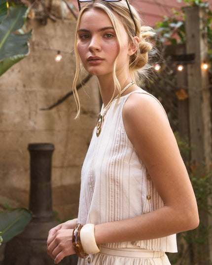 STRIPE SLEEVELESS SIDE BUTTON DETAIL TOP