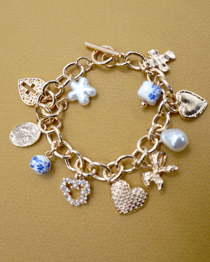 CERAMIC PORCELAIN HEART BOW PEARL CHARM BRACELET | 80B1342