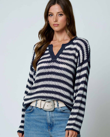STRIPE RAW EDGE SPLIT NECK SHEER KNIT SWEATER
