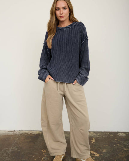 WASHED RIBBED LONG SLEEVE FOLDED CUFF KNIT SWEATER