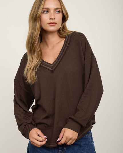 RAW EDGE V-NECK LONG SLEEVE TEXTURED KNIT TOP