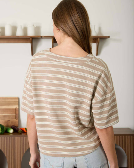 STRIPE SHORT SLEEVE BOXY HENLEY KNIT TOP