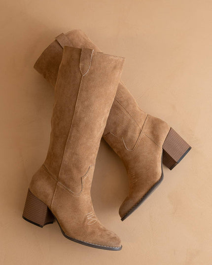 The Roxanne | Latte Knee High Western Bucket Boot