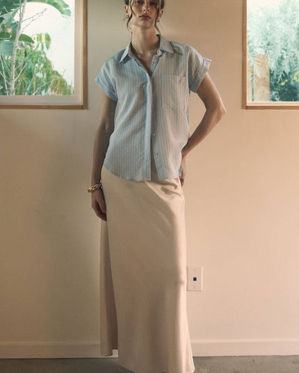 PINSTRIPE SHORT SLEEVE COLLARED SHIRT