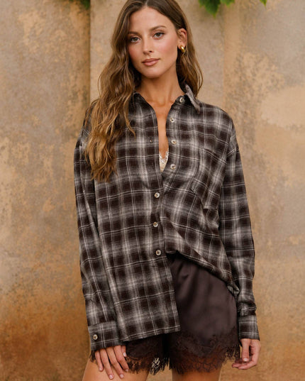 PLAID COLLARED LONG SLEEVE BUTTON DOWN TOP
