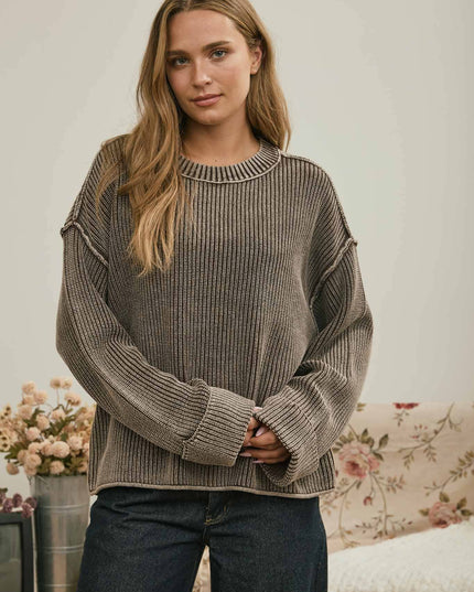 WASHED RIBBED LONG SLEEVE FOLDED CUFF KNIT SWEATER