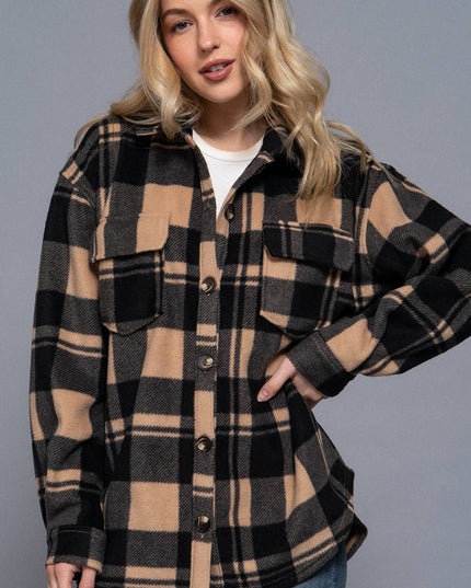 Long Sleeve Check Printed Fleece Shacket