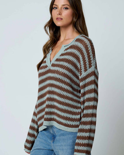 STRIPE RAW EDGE SPLIT NECK SHEER KNIT SWEATER