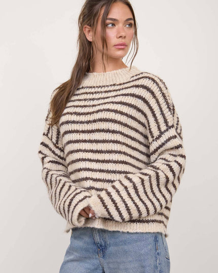 STRIPE ROLLED EDGE DETAIL LONG SLEEVE KNIT SWEATER