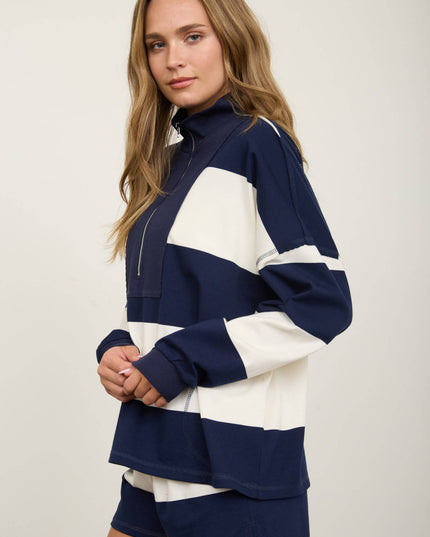 WIDE STRIPE HALF ZIP LONG SLEEVE KNIT TOP