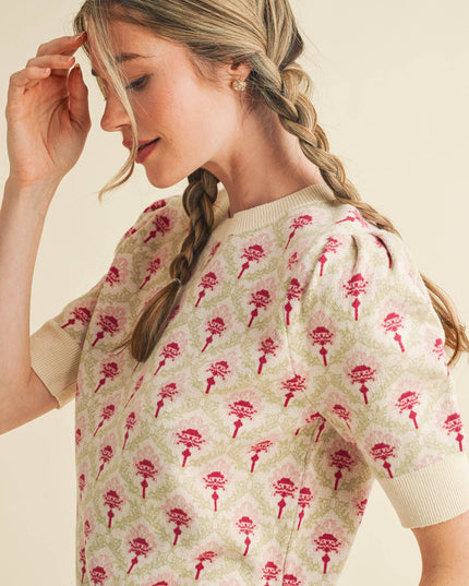 FLORAL PATTERN SHORT SLEEVE SWEATER MSW10860