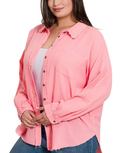 `Plus Oversized Raw Edge Shirt SI-23811 Zenana
