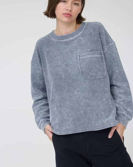 WASHED POCKET DETAIL LONG SLEEVE RIB KNIT TOP