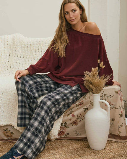 TIERED SLEEVE BOAT NECK EXPOSED SEAM KNIT TOP
