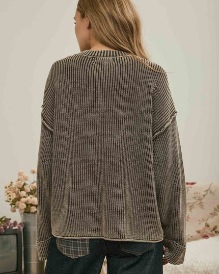 WASHED RIBBED LONG SLEEVE FOLDED CUFF KNIT SWEATER