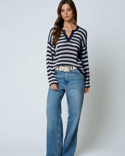 STRIPE RAW EDGE SPLIT NECK SHEER KNIT SWEATER