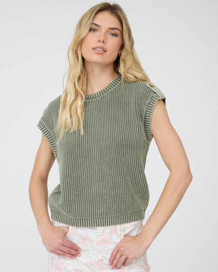 ACID WASHED TAB SLEEVE BACK BUTTON KNIT TOP