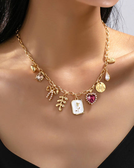 Romantic Pink Heart & Bow Multi-Charm Necklace | 80N93409