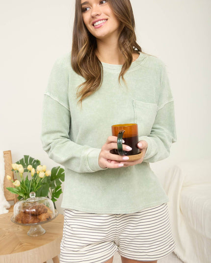 WASHED POCKET DETAIL LONG SLEEVE RIB KNIT TOP