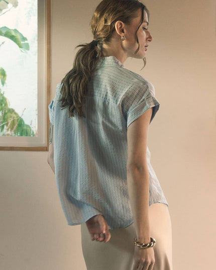 PINSTRIPE SHORT SLEEVE COLLARED SHIRT