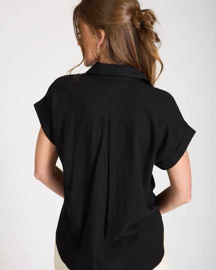 COLLARED SPLIT NECK CUFF SLEEVE U HEM LINEN TOP