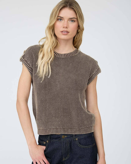 ACID WASHED TAB SLEEVE BACK BUTTON KNIT TOP