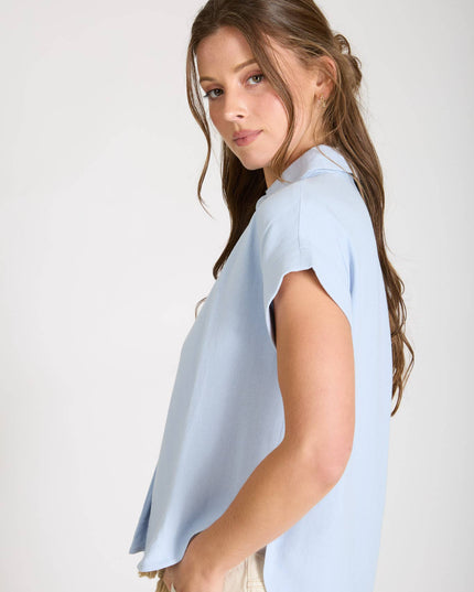 COLLARED SPLIT NECK CUFF SLEEVE U HEM LINEN TOP