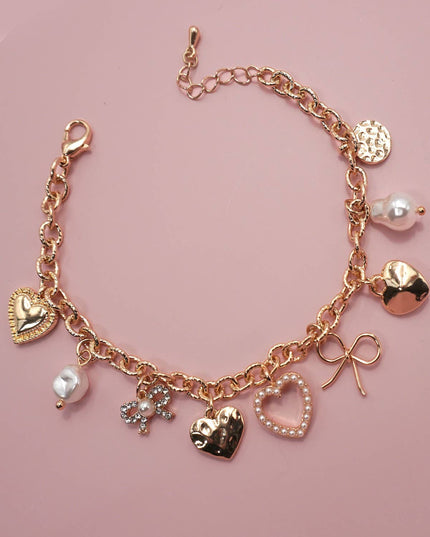 CHARM BRACELET-BOW HEART PEARL DISC CHARMS | 80B1290