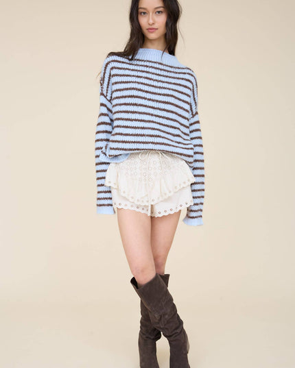 STRIPE ROLLED EDGE DETAIL LONG SLEEVE KNIT SWEATER