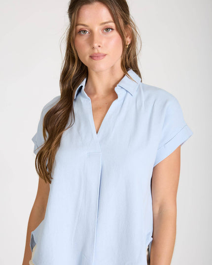 COLLARED SPLIT NECK CUFF SLEEVE U HEM LINEN TOP