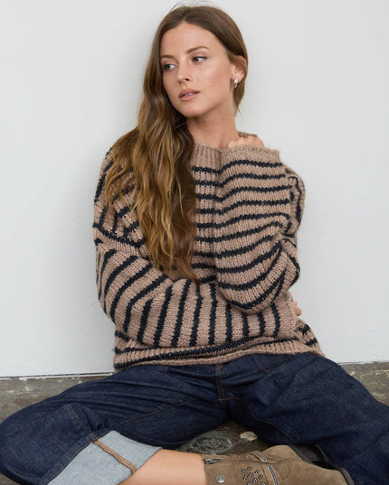 STRIPE ROLLED EDGE DETAIL LONG SLEEVE KNIT SWEATER