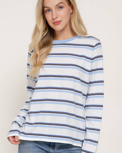 Long Sleeve Crew Neck Y/D Multi Striped Knit Top